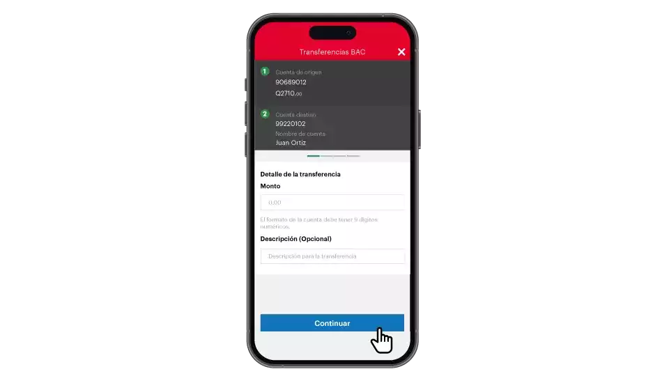 Imagen con pantalla banca móvil paso 7 para transferencias locales.