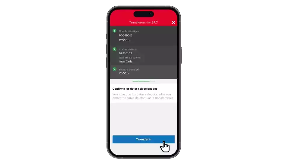 Pantalla Banca Móvil confirma que todos los datos sean correctos.