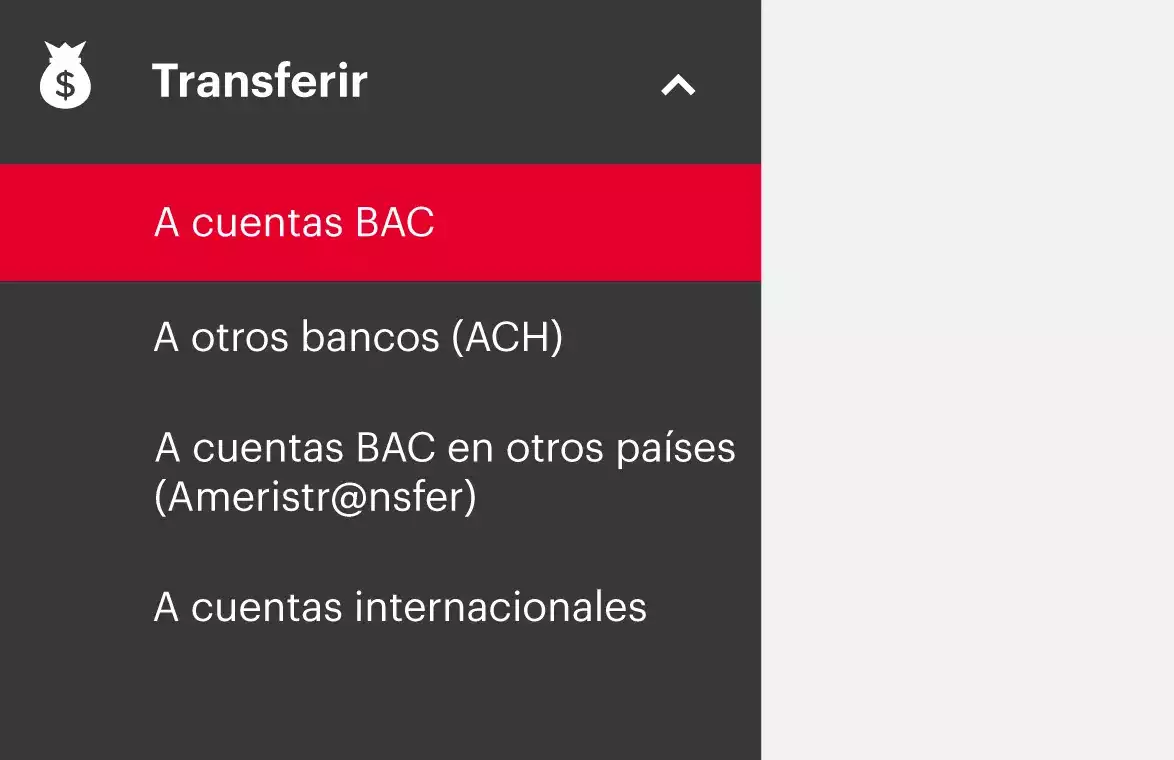 Menú transferir a cuentas BAC.