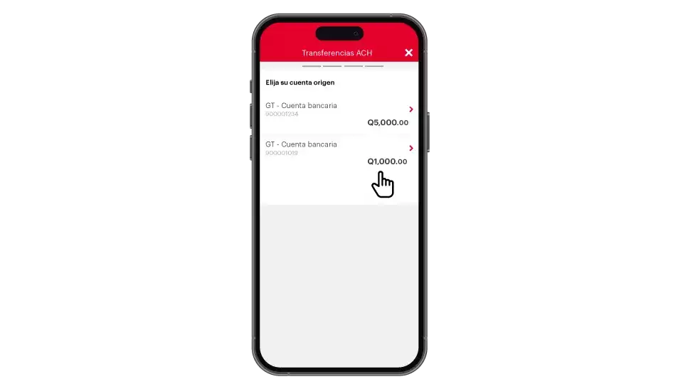 Pantalla elegir cuenta origen para transferencia ACH.