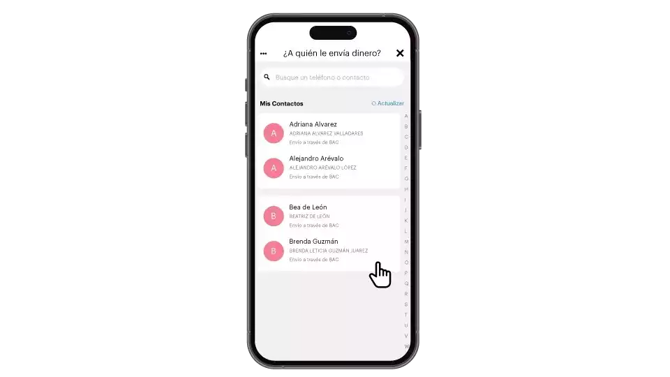 Pantalla de contactos para enviar dinero vía kash.