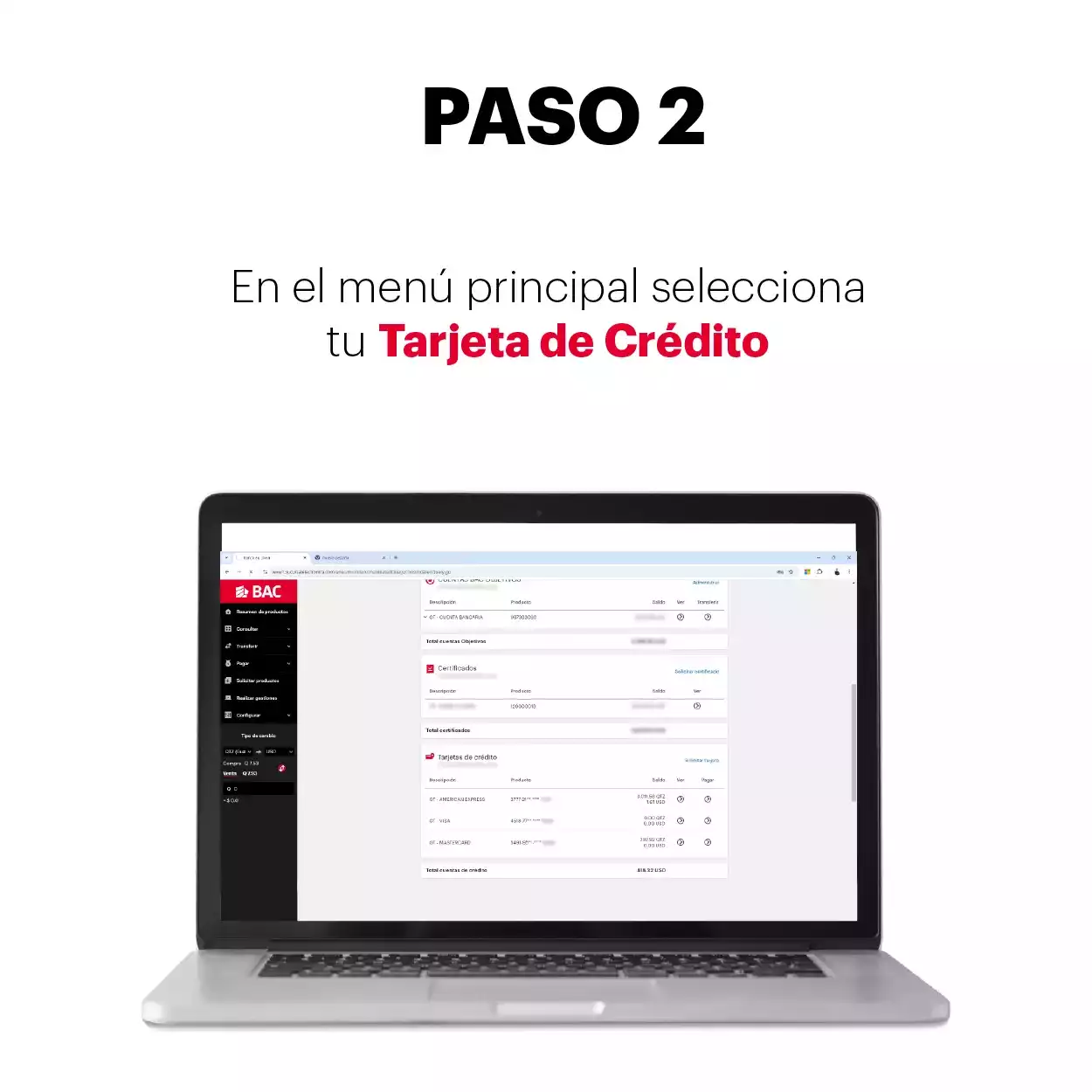 Tarjeta de crédito en el menú principal