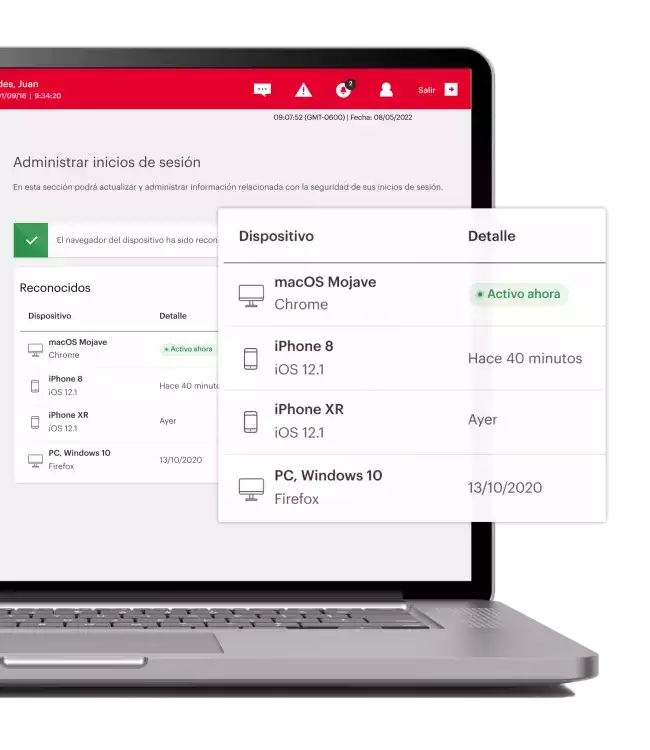 Mitad de laptop mostrando detalles de Inicios de sesión en distintos dispositivos, en la Banca en Línea de BAC Credomatic